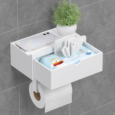 Exabang Toilettenpapierhalter mit Feuchttücherbox und Ablage, Bambus, Weiß
