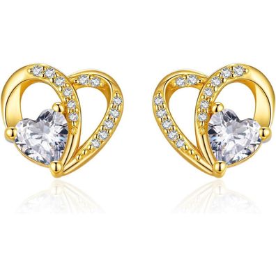 GW Damen Ohrstecker Herz 925 Silber 18 Karat Vergoldet mit Zirkonia, Klein
