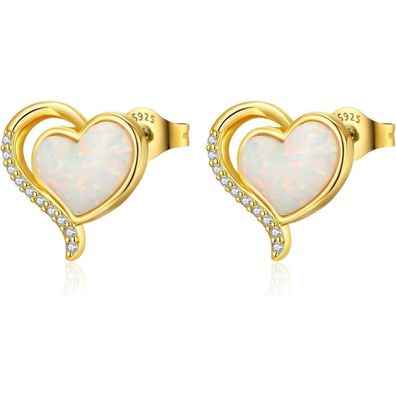 GW Damen Herz Ohrstecker Silber 925 Vergoldet mit Opal - Geschenk für Frauen
