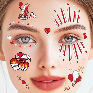 4 Blatt Karneval Gesichtstattoo Kölner Kostüm Damen Herren Glitzer Aufkleber
