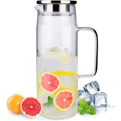 Webao Borosilikatglas Karaffe mit Edelstahl Deckel, 1200ml Glaskanne für