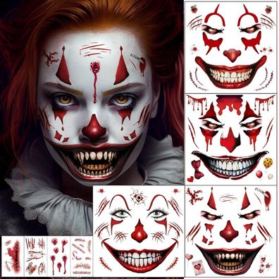 Boyatong 8 Blatt Halloween Tattoos für Gesicht und Körper - Horror Clown Narben