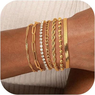 Adramata 7-teiliges Damen Armband Set, 14 Karat Vergoldet, Verstellbare