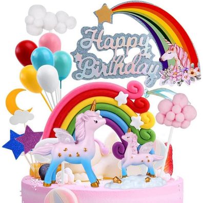 OSDUE Einhorn Tortendeko Geburtstag Set mit Regenbogen, Wolken und Ballons für