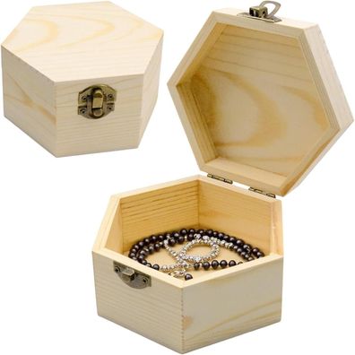Fahibin 2er Set Sechseckige Holzbox mit Deckel, Unlackiert, Schmuckkästchen für
