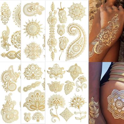 Sugeru Temporäre Tattoos Gold Metallic (6 Blätter, 48+ Designs) - Festival