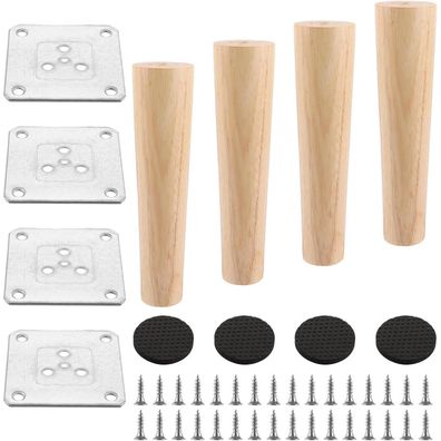 Akolafe 4 Stück Möbelfüße aus Eiche, 20cm rund, robust, inkl. Montageplatten