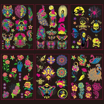 Sugeru Neon Gesichtstattoos (60+ Muster) - 6 Blatt UV Body & Face Painting