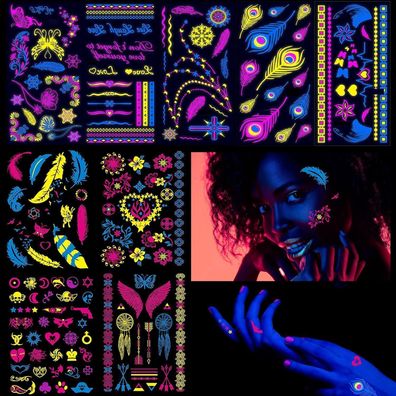 Sugeru 9 große Blätter Neon Gesichtstattoos (157 Muster) - UV Body & Face