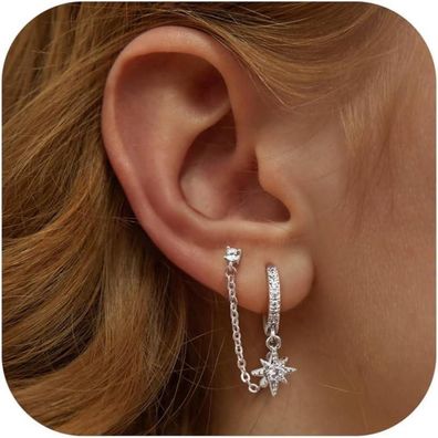 Adramata Ohrringe Silber 925 Damen Mädchen 14K Vergoldet Doppel Piercing