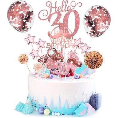 Tortendeko 30. Geburtstag Roségold 17-teiliges Cake Topper Set mit Kerzen