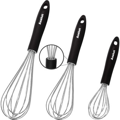 Anaeat Küchen-Schneebesen Edelstahl, 3er-Set (21cm, 26cm, 30cm) - Robuster