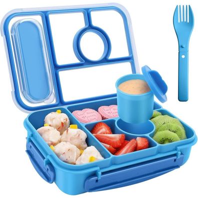 Amathley Brotdose Kinder Bento Box 1300ML mit 5 Fächern und Saucenbehälter, Blau