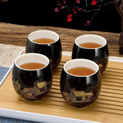 DUJUST Traditionelle Japanische Teetassen, 4er Set, Schwarzes Porzellan mit