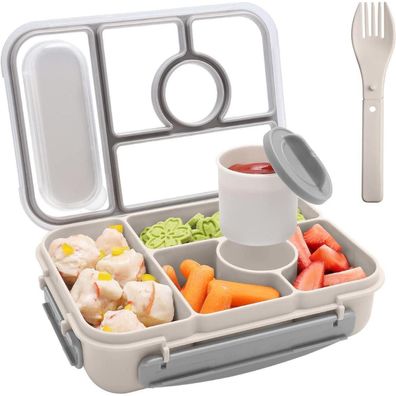 Amathley Brotdose Kinder Bento Box 1300ML mit 5 Fächern und Saucenbehälter, Grau