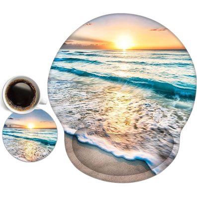 newplenty Ergonomisches Mauspad mit Gelkissen und Untersetzer, Meer und Strand