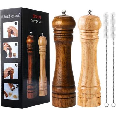 BINHAI 2er Set Holzmühlen - Manuelle Pfeffer- und Salzmühlen mit verstellbarem