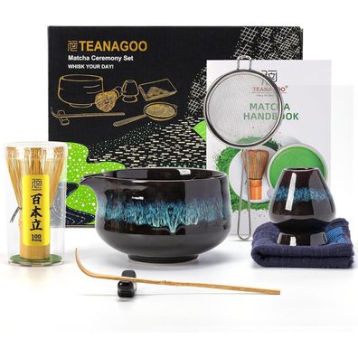 Teanagoo Matcha Set mit Bambus Besen, Keramikschale mit Ausgießer, 7-teilig