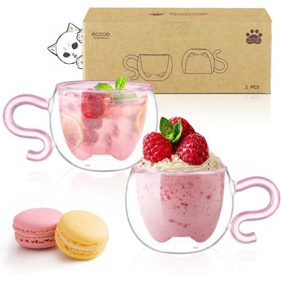 ecooe 2er-Set Rosa Katze Doppelwandige Kaffeegläser 130ml, Süße Espressotassen