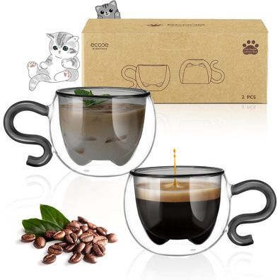 ecooe 2er Set 130ml Süße Katze Espressotassen aus Doppelwandigem Glas, Schwarz