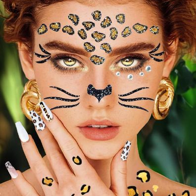 3-teiliges Leopard Glitter Gesichtstattoo Set für Karneval, Fasching & Motto