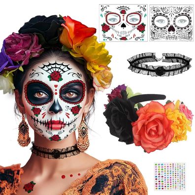 Boyatong Halloween Tag der Toten Haarreif & Totenkopf Gesichtstattoo Set für