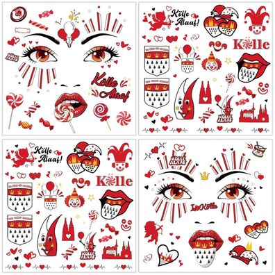 4 Blatt Köln Karneval Gesichtstattoo für Damen & Herren - Kölle Alaaf Rot Weiss