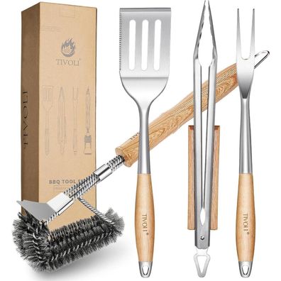 TIVOLI Grillbesteck Set 4-teilig aus Edelstahl mit Holzgriffen - Grillzange