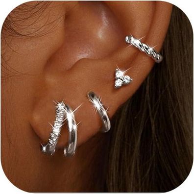Adramata 4 Paar Ohrringe Damen Silber Gold Creolen Ohrstecker 14K Vergoldet Set