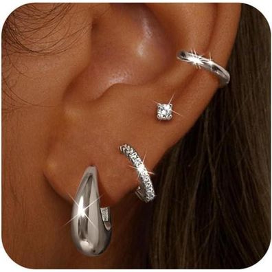 Adramata 4 Paar Ohrringe Damen Silber Gold Creolen Ohrstecker 14K Vergoldet Set