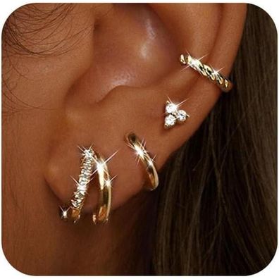 Adramata 4 Paar Ohrringe Damen Silber Gold Creolen Ohrstecker 14K Vergoldet Set