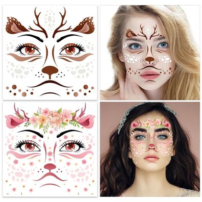 HOWAF 4 Bogen Reh Gesichtstattoo Temporäre Tattoos für Karneval, Halloween