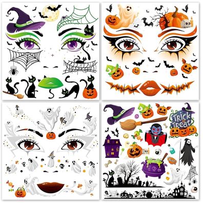 HOWAF 4 Bogen Halloween Temporäre Tattoos Gesicht, Kürbis, Hexe, Geist, Spinne