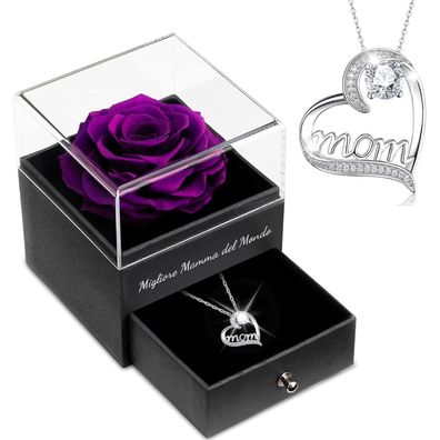 Sunia Ewige Echte Rose mit Mom Halskette aus 925 Sterlingsilber, Geschenk für