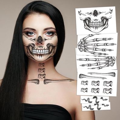 HOWAF 6 Bogen Skelett Tattoo Gesicht für Halloween, Dia De Los Muertos Kostüm