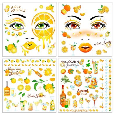 HOWAF 4 Bogen Aperol Gesichtstattoo Temporäre Tattoos für Karneval, Halloween