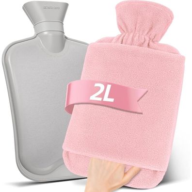 MUPAS Wärmflasche mit Vliesbezug, 2L, auslaufsicher, mit Kängurutasche