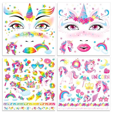 HOWAF 4 Bögen Einhorn Gesichtstattoos - Temporäre Tattoos für Karneval