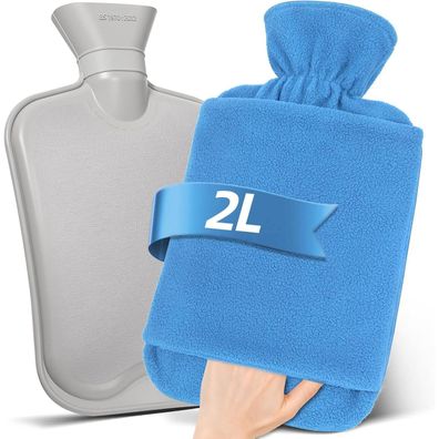MUPAS Wärmflasche mit Vliesbezug, 2L, auslaufsicher, mit Kängurutasche, für