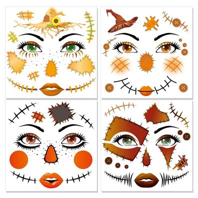 HOWAF 4 Bogen Vogelscheuche Gesichtstattoo für Karneval, Halloween und Fasching