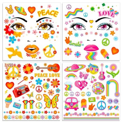 HOWAF 4 Bögen Hippie Gesichtstattoos für Karneval, Halloween & Fasching