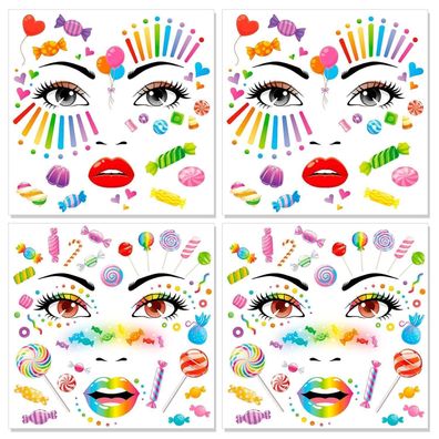 HOWAF 4 Bogen Candy Gesichtstattoos für Karneval, Halloween & Kostüme