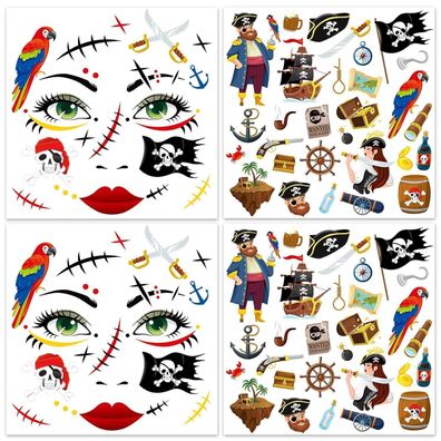 HOWAF 4 Bogen Piraten Gesichtstattoo Temporäre Tattoos für Karneval & Halloween