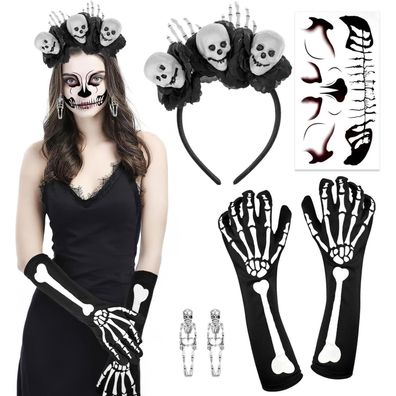 HOWAF Halloween Kostüm Set: Dia de los Muertos Haarreif, Gesichtstattoos