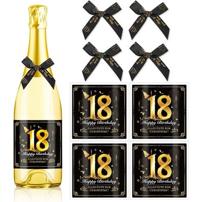 HOWAF 4x Flaschenetikett & Schleife 18. Geburtstag - Selbstklebend, Schwarz Gold