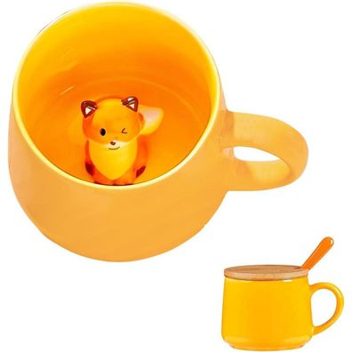 BigNoseDeer Keramik Fuchs Tasse mit Deckel und Löffel - Lustige 3D Kaffeebecher