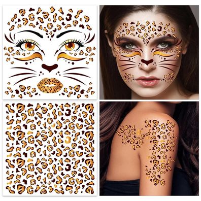 HOWAF 4 Bogen Leopard Gesichtstattoo Temporäre Tattoos für Halloween, Karneval