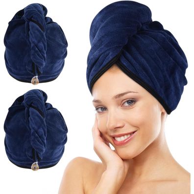 KinHwa Mikrofaser Haarturban mit Knopf XL, 2 Stück Navy Blau, 30x70 cm