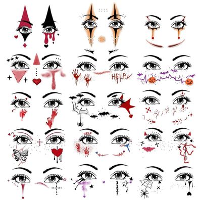 HOWAF 15 Bogen Halloween Tattoos Gesicht - Clown, Blutige Narben, Temporäre