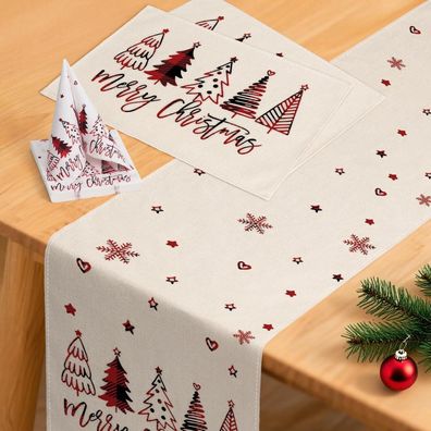 YCOLL Weihnachts-Tischläufer Set mit Platzsets & Servietten, Rot/Beige, 40x100cm